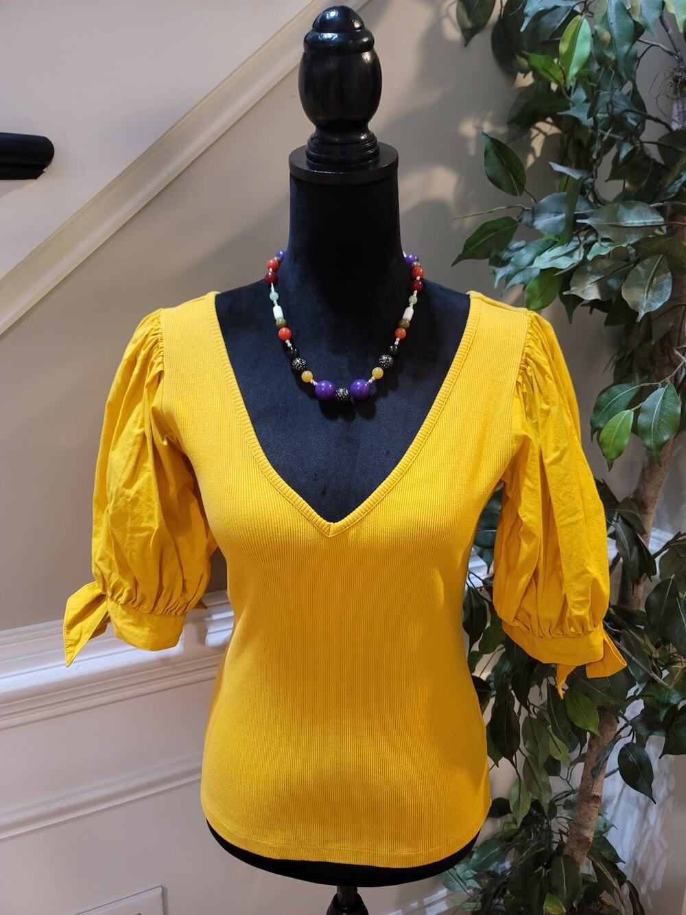 Maeve Blouse Top Women's Small Yellow Ribbed Knit V-Neck Tie-Cuff Puff Sleeves
